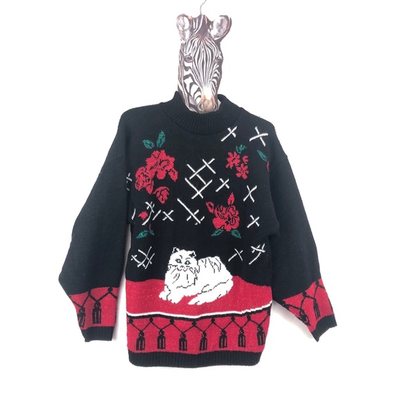Vintage Sweaters - VINTAGE Knit Sweater with Cat & Roses